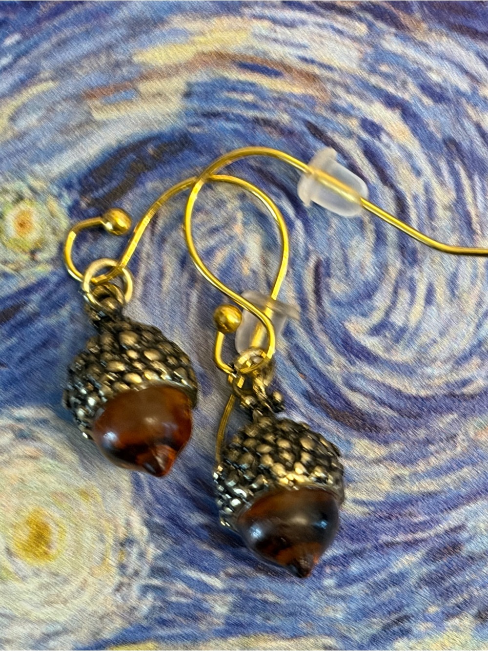 Gold Acorn Drop Earrings with Amber-Tone Beads